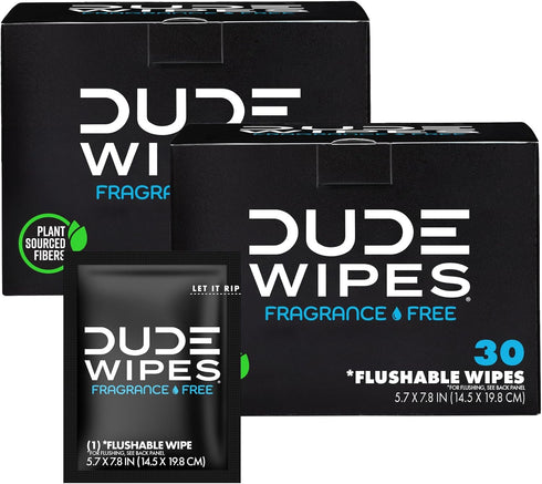 DUDE Wipes On-The-Go Flushable Wipes, 2 Pack, 60 Wipes, Unscented, Extra-Large, Individually Wrapped