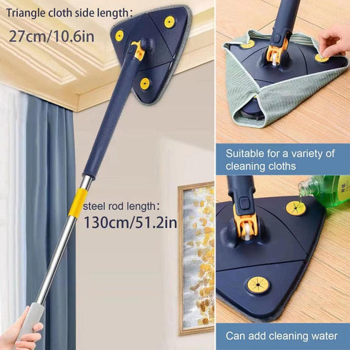 360 Degree Rotatable Adjustable Cleaning Mop, 52.1'' Telescopic Triangular Mop with 4 Replacement Microfiber Pads (Blue)