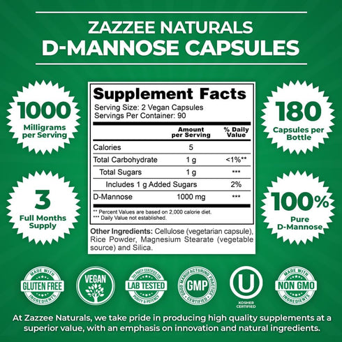 Zazzee D-Mannose, 1000 mg per Serving, 180 Vegan Capsules, 3 Month Supply for Urinary Tract Health