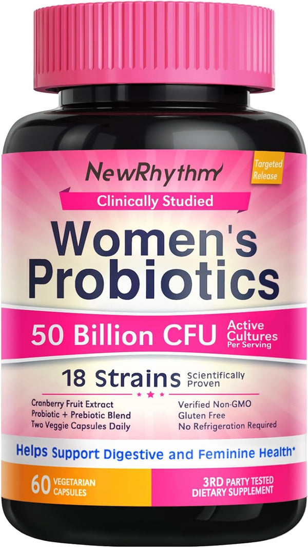 NewRhythm Women's Probiotics with Organic Cranberry for Feminine Health, 50 Billion CFU, 60 Vegan Capsules