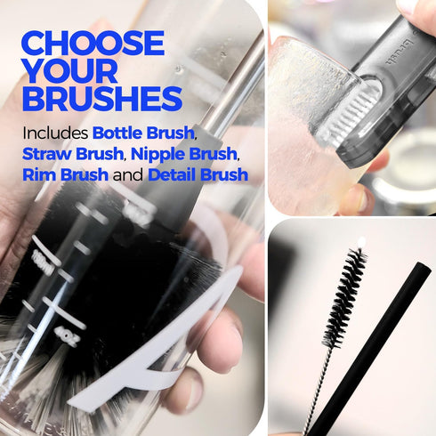 Holikme 6 Pack Bottle Brush Set, 14" Long Handle Stainless Steel Cleaner Brush for Water Bottle, Baby Bottle