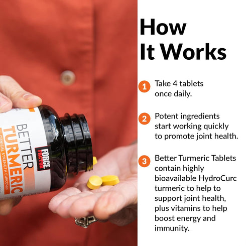 FORCE FACTOR Better Turmeric Joint Support Supplement - 120 Tablets, HydroCurc Turmeric Curcumin with Black Pepper