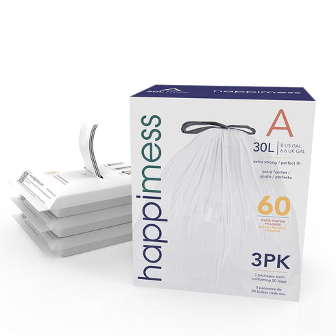 happimess HPM3000A-WHITE 7.9 Gallon Kitchen Drawstring Trash Bags, White, 60-Count, 3-Packs of 20 Liners