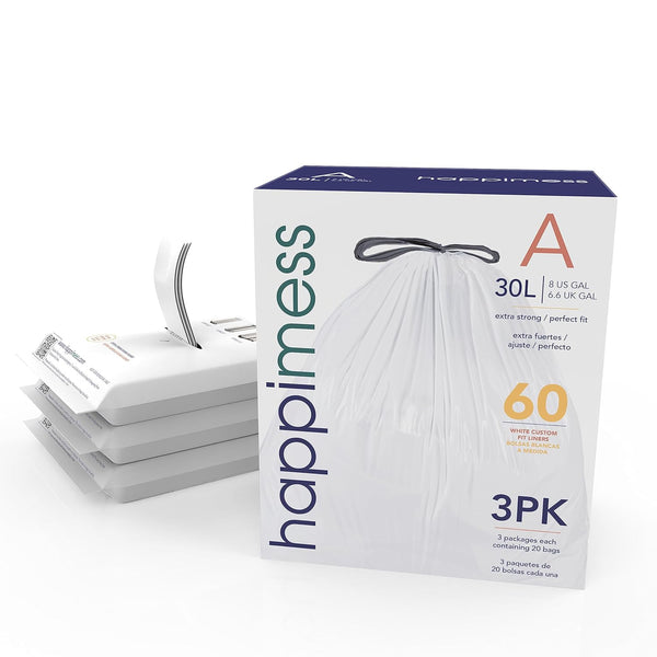 happimess HPM3000A-WHITE 7.9 Gallon Kitchen Drawstring Trash Bags, White, 60-Count, 3-Packs of 20 Liners