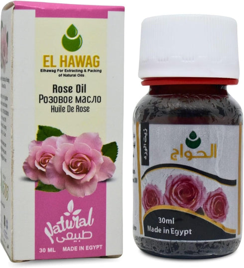 Rose Oil Elhawag - Cold Pressed Premium Natural Pure for Body and Hair, Non-GMO Kosher Halal (1 Pack = 1.01 oz)