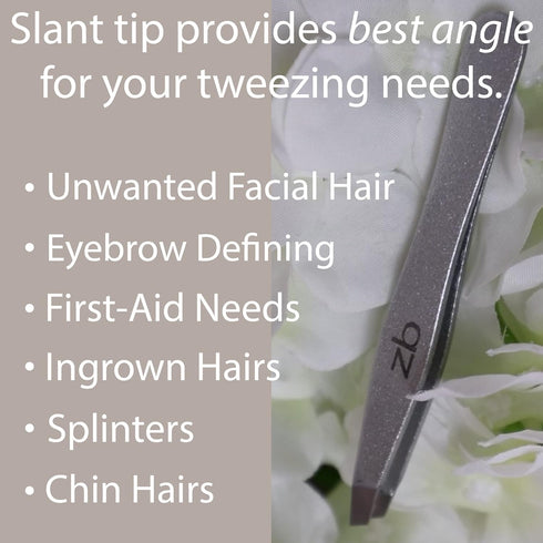 Surgical Grade Stainless Steel Tweezers, Slant Tip for Eyebrow Shaping, Bonus Protective Pouch