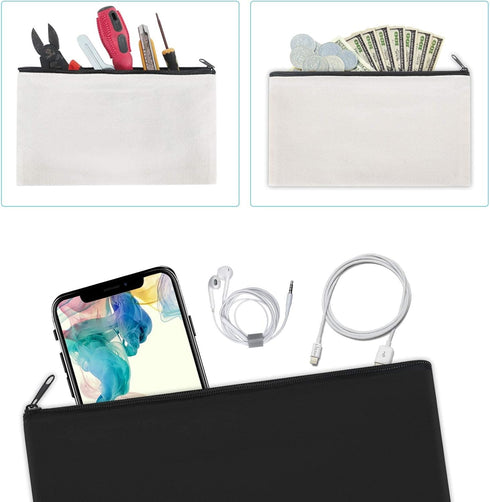 12 Pieces White Cotton Canvas Makeup Bag, Multipurpose Cosmetic Pouch with Zipper, Travel Toiletry Bag (White, M)