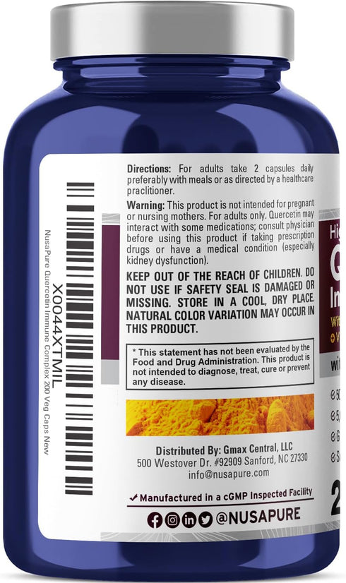 NusaPure Quercetin Complex, 200 Veggie Caps - Bromelain, Vitamin C, D3, Stinging Nettle & Zinc