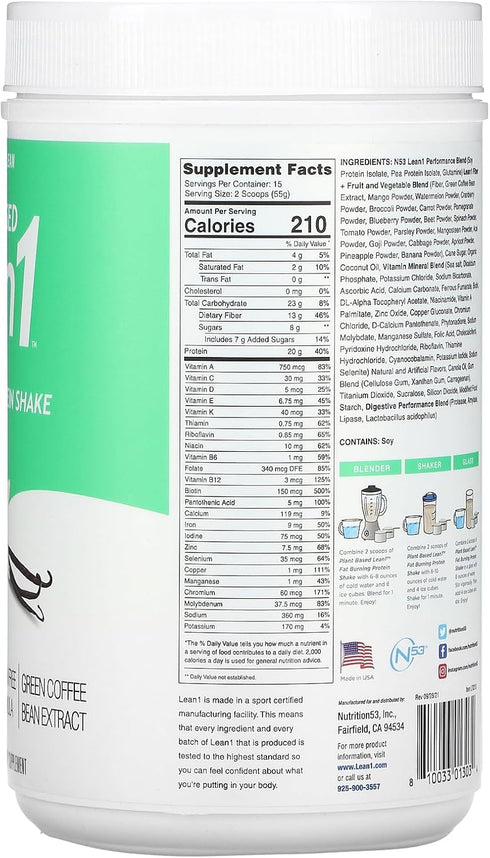LEAN1 Nutrition 53 Meal Replacement Powder for Weight Loss, Fat Burner, Plant Based Vanilla (27.5 Ounce)