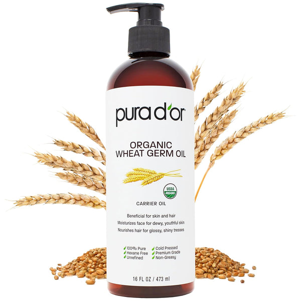 PURA D'OR 16 Oz ORGANIC Wheat Germ Oil - 100% Pure & Natural Cold Pressed Carrier Oil, Vitamin E Rich for Healthy Hair