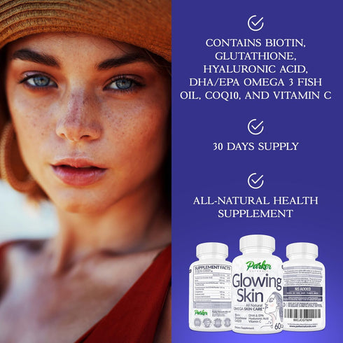 Glowing Skin Supplement - All Natural Skin Care with Biotin, Glutathione, Hyaluronic Acid, DHA/EPA Omega 3, 60 Caps