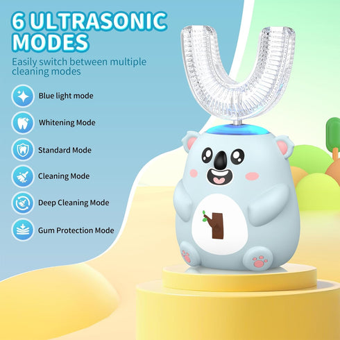 QDCYP Toothbrush,6 Modes,4 Heads,IPX7 360 (6-12 Kids U Shaped Electric Cleaning Brush Waterproof,Automatic Sonic