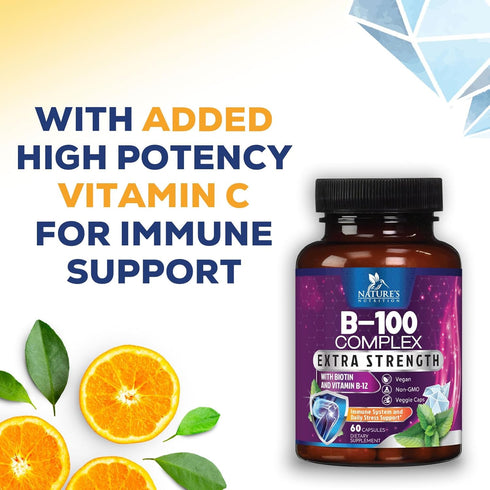 B Complex Vitamins with B1 B2 B3 B6 B12 C & Folic Acid, 60 Vegan Capsules for Energy, Brain & Immune Support