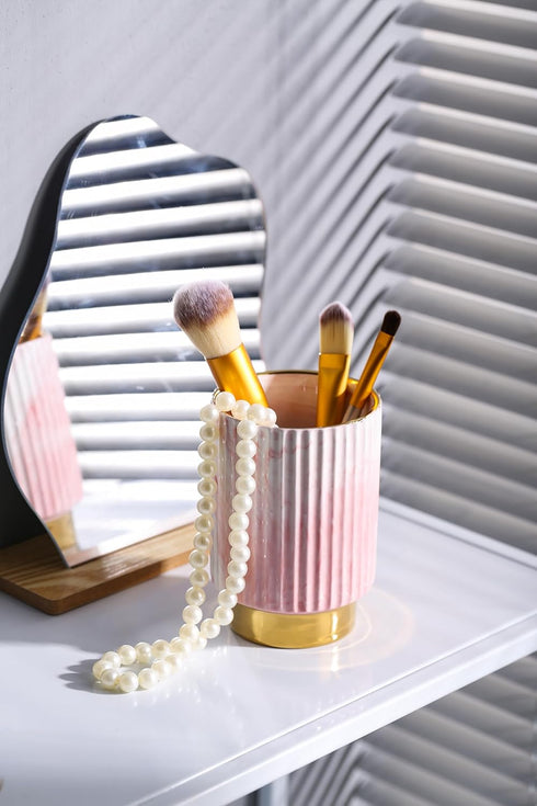 IEEK Pink and Gold Makeup Brush Holder Organizer, Glass Cup for Eyebrow Pencil, European Style