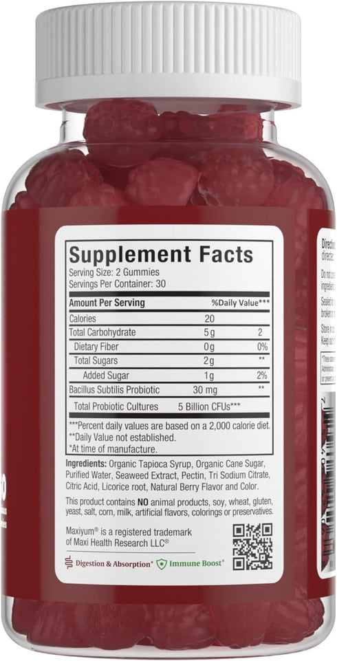 Maxi Yum - Probiotic Gummies with 5 Billion CFUs of Digestive Health Probiotics for Women & Men - Kosher Certified Natural Berry Flavor Gut Health Chewable Gummy Supplements, 60 Gummies
