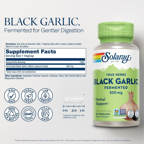 SOLARAY Black Garlic 500 mg - Antioxidant Garlic Supplements, Non-GMO, Vegan, 60-Day Guarantee, 50 VegCaps