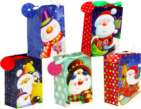 Iconikal 20-Pack Christmas Gift Bags - Small 4x6x2.5-Inch, Snowman, Santa, Reindeer, with Ribbon Handles