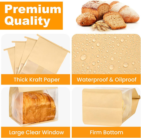 Ocmoiy 100 Pack 6.3x5.1x10.3 Inches Packaging Bread Bags for Homemade Breads, Resealable Tin Tie Tab Lock Bakery Bags