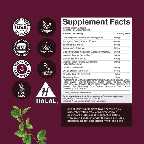 Kidney Support Cranberry Supplement for Women and Men - High Strength Kidney Cleanse and Detox with Stinging Nettle Uva Ursi and Astragalus for Kidney and Bladder Health - Non-GMO Halal and Vegan
