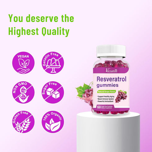 High Purity Resveratrol Gummies, 98% Trans-Resveratrol with Quercetin, Coq 10, Vitamin C - 60 Gummies