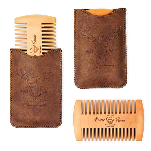 Wooden Beard Comb, 3 Pieces with Durable Cases for Men, Fine & Coarse Teeth, Brown Deer Design