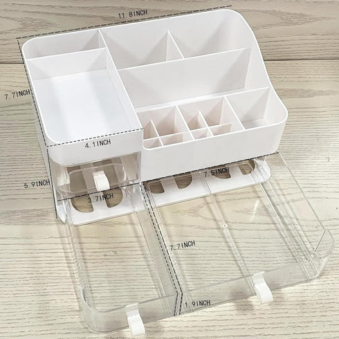 Large Capacity Makeup Organizer for Vanity, Plastic White Countertop Storage with Clear 3 Drawers for Brushes and