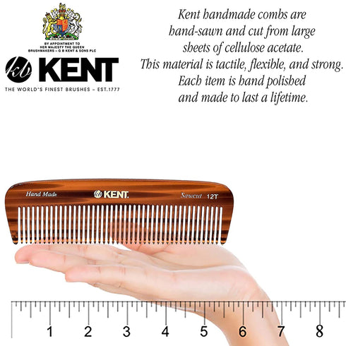 Kent 12T Wide Tooth Comb Hair Detangling Comb-Handmade Pocket Comb for Thick, Curly, Wavy Hair, Large Tooth Comb Hair Detangler Comb for Grooming Hair, Beard and Mustache-SawCut and Hand Polished Comb