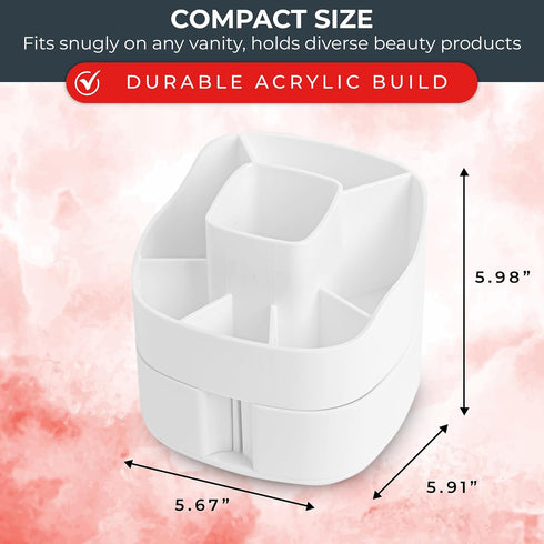 Masirs Small Rotating Makeup Organizer, Mini Cosmetic Storage Solution with Multiple Compartments (Square - White)