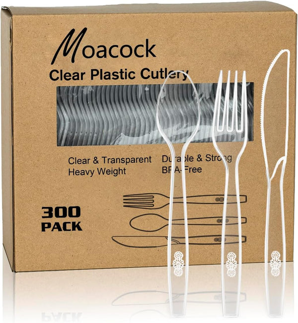 300 Count Clear Plastic Silverware, Heavy Weight Disposable Forks, Spoons, Knives Cutlery Set for Party Supplies