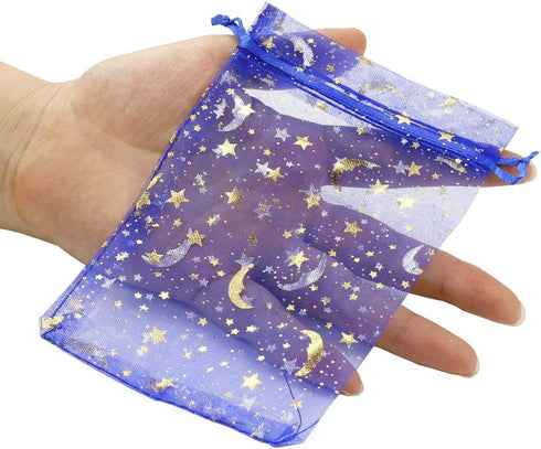 100Pcs 4x6 Inches Sheer Organza Drawstring Pouches with Stars and Moon for Wedding Party Favors