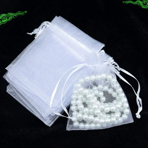 50 Pcs 5x7 inch Gift Wrap Bags, Organza Sheer Clear Tulle Fabric, White Drawstring Sachet for Party Favors