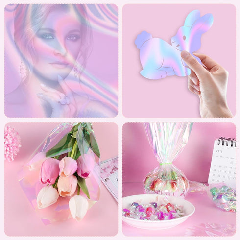 Prudiut 150 Pieces Cellophane Sheets Iridescent Cellophane Wrap for Easter Gift Wrap, Holographic Candy Wraps (9 x 9