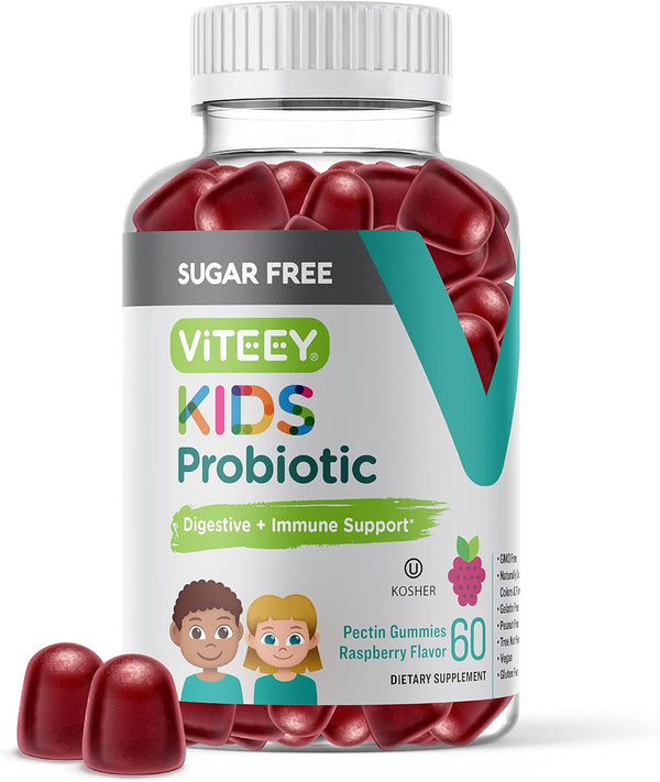 Probiotic Gummies for Kids - 2 Billion CFUs - Chewable Raspberry Flavored Gummy - Vegan, Gelatin Free, GMO Free -