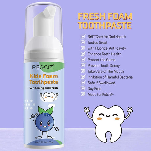 Toddler Foam Toothpaste with Low Fluoride for U Shaped Toothbrush, Foaming Dental Care for Kids (Strawberry+Blueberry)