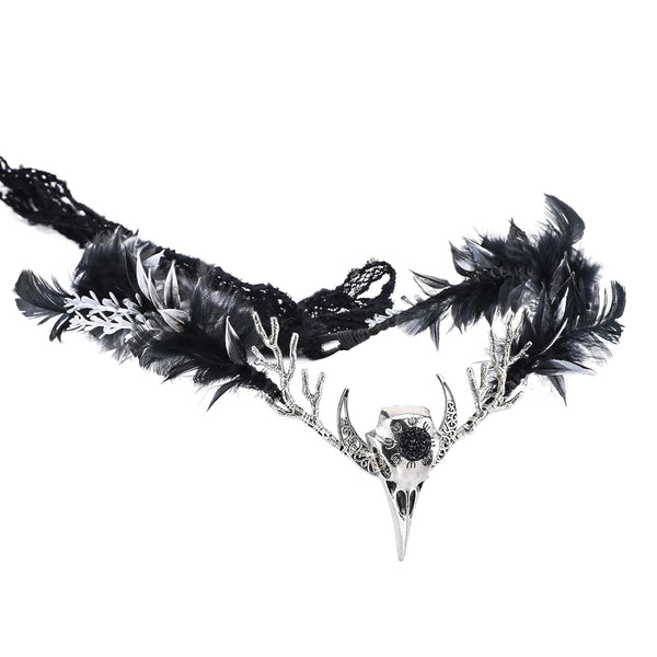 MOSTORY Handmade Black Raven Feather Crown, Gothic Elf Circlet with Raven Skull Tiara for Halloween Cosplay