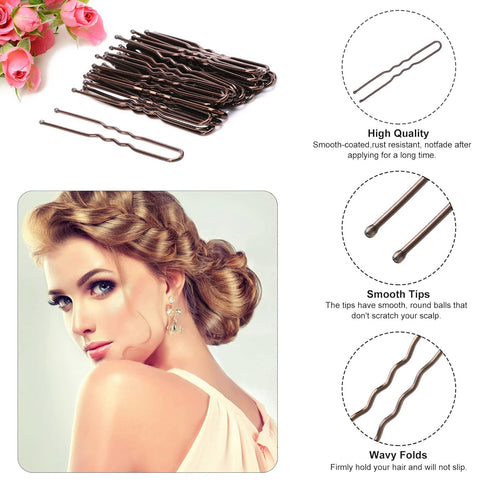 U Shaped Hair Pins, 200 Count Buns Waved Hair Pins for Updos with Box for Women (Brown, 2.4 Inch)