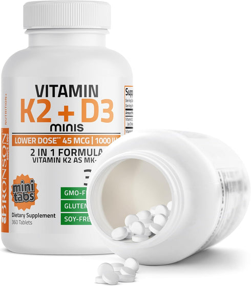 K2 (MK7) D3 45mcg K2 1000 D3 2 1 360 Bronson Vitamin with Lower Dose Vitamin & IU Vitamin Easy to Swallow Daily