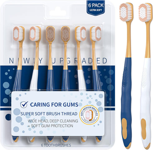 Adult Wide Head Soft Hair Toothbrush, Manual Toothbrush, Ultra Soft Brush Thread for Sensitive Teeth (6 Pack)