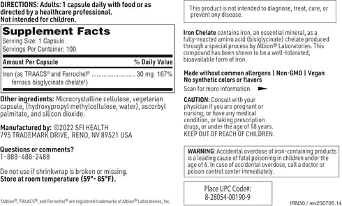 Klaire Labs Iron Bisglycinate Chelate Supplement - 30mg Ferrous Bisglycinate, Well-Tolerated & Gentle - 100 Capsules