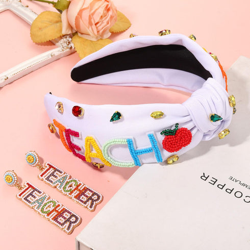 Teacher Headbands for Women Beaded Pencil Knotted Headband Embellished Crystal Rhinestone Headband Back to School Teacher Hair Accessories Outfits Teacher’s Day Appreciation Gifts