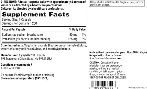 Klaire Labs Sodium Bicarbonate & Potassium Bicarbonate Supplement, 250 Capsules, Gastrointestinal Support