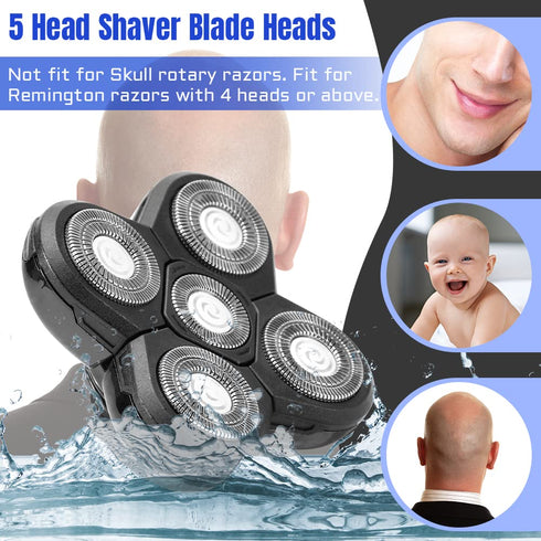 Shaver Blade Heads, 5 Heads Electric Razor Replacement Blade for Head and Face, Easy Install (Black)