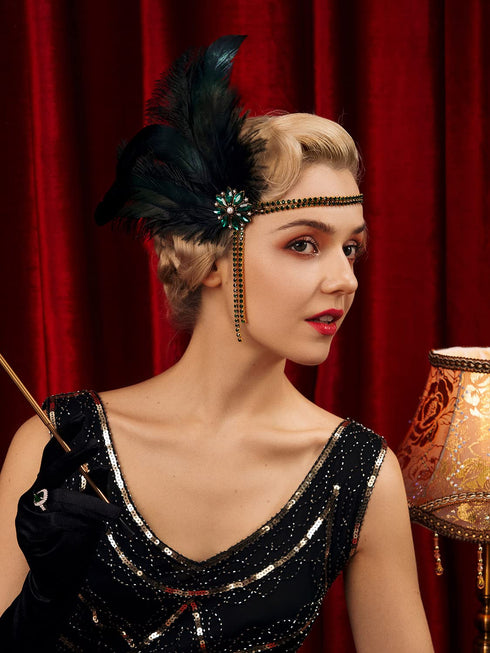 SWEETV 1920s Headpiece Flapper Headband, Rhinestone Pearl Feather Hair Band Great Gatsby Accessories for Women