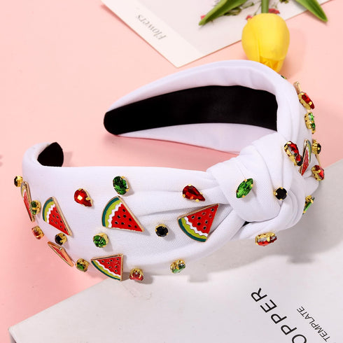 Summer Watermelon Headbands for Women, Tropical Fruit Rhinestone Crystal Wide Top Knot Hair Accessories (Fruit B-White)
