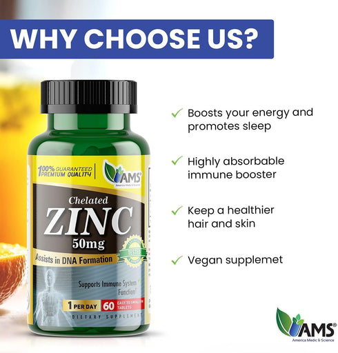 America Medic & Science Chelated Zinc 50 mg Supplements, 3 Pack of 60 Tablets for Immune Support