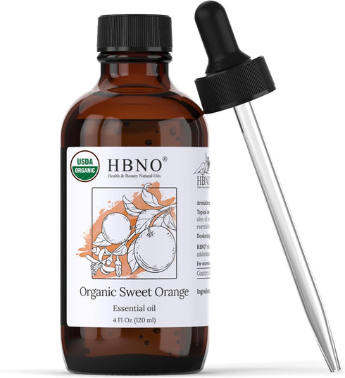 HBNO Organic Orange Essential Oil - Huge 4 oz (120ml) Value Size, USDA Certified Organic for Aromatherapy