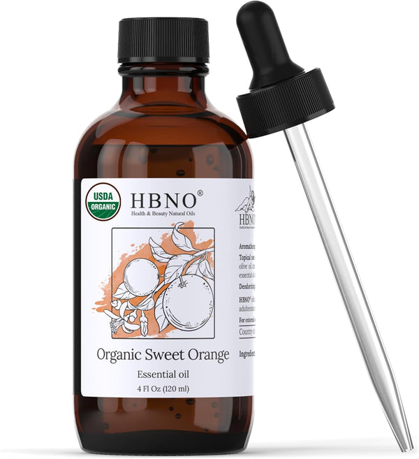 HBNO Organic Orange Essential Oil - Huge 4 oz (120ml) Value Size, USDA Certified Organic for Aromatherapy