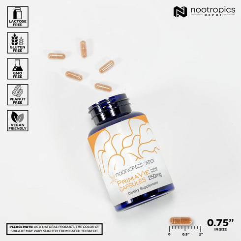 Nootropics Depot PrimaVie Shilajit Capsules, 250mg, 30 Count, Purified Extract, Ayurveda Supplement for Mitochondrial