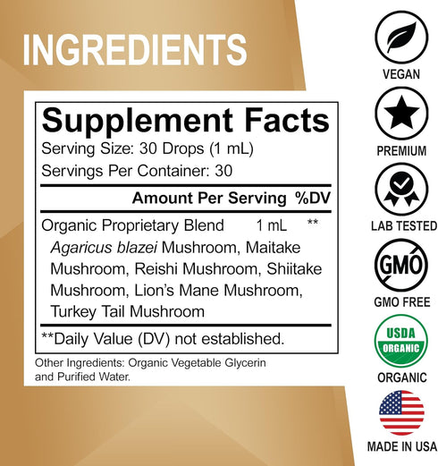Organic Mushroom Complex Liquid Drops - Adaptogenic Mushroom Supplement with Lion's Mane, Reishi, Turkey Tail, 1oz