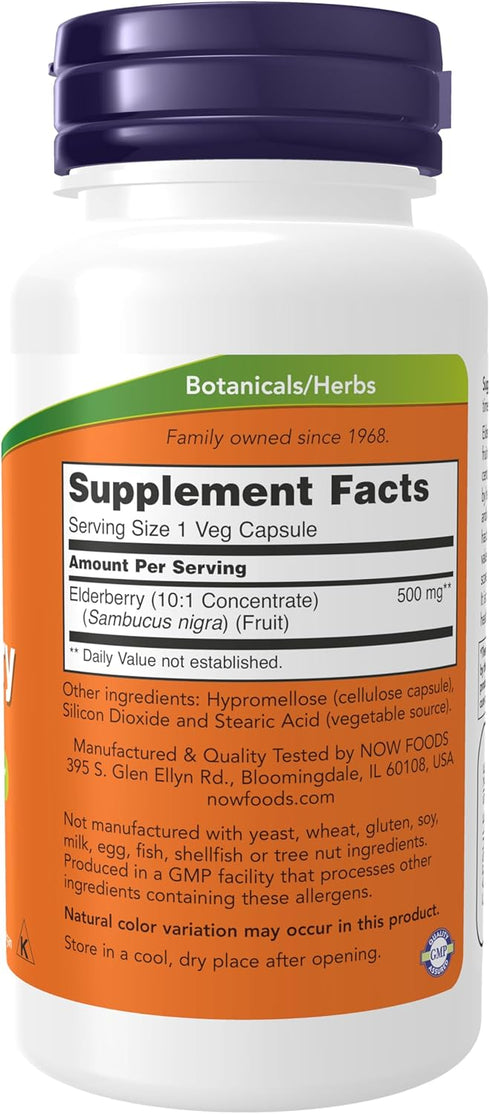 NOW Supplements, Elderberry (Sambucus nigra)500 mg, 10:1 Concentrate, 60 Veg Capsules